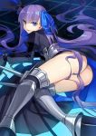 armored_boots ass blue_ribbon boots commentary crotch_plate fate/extra fate/extra_ccc fate/grand_order fate_(series) hair_ribbon juliet_sleeves long_hair long_sleeves meltlilith mujun_atama puffy_sleeves purple_hair revealing_clothes ribbon sleeves_past_wrists spikes very_long_hair 