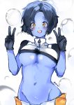  :d aka--chi black_gloves black_hair blue_skin blush boku_no_hero_academia breasts bubble_girl commentary crop_top double_v english_commentary gloves groin highres looking_at_viewer medium_breasts navel open_mouth short_hair short_sleeves sketch smile solo underboob v yellow_eyes 