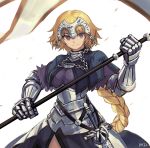  armor armored_dress banner black_capelet blonde_hair braid breasts capelet chain closed_mouth dress eyebrows_visible_through_hair fate/apocrypha fate_(series) flag gauntlets headpiece holding jeanne_d'arc_(fate) jeanne_d'arc_(fate)_(all) long_hair medium_breasts ohil_(ohil822) purple_dress purple_eyes single_braid solo sword very_long_hair weapon 