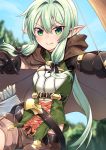  asymmetrical_sleeves belt black_bow black_gloves blue_sky blush bow bow_(weapon) brown_shorts cloak commentary corset elf gloves goblin_slayer! green_eyes green_hair half-closed_eyes high_elf_archer_(goblin_slayer!) hip_vent hood hooded_cloak lo_xueming looking_at_viewer outdoors pointy_ears shorts sidelocks sky smile tree weapon 