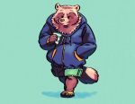  2018 223igarashi anthro blue_background canine clothing drinks footwear hoodie humanoid_hands male mammal sandals shorts simple_background solo tanuki 