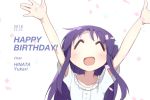  ^_^ arms_up blush closed_eyes collarbone commentary_request confetti dated eyebrows_visible_through_hair facing_viewer happy_birthday highres hinata_yukari long_hair okayparium open_mouth purple_hair short_sleeves simple_background smile solo upper_body white_background yuyushiki 