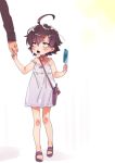  ahoge androgynous bag bell bell_choker bow brown_eyes brown_hair child choker cr-r dress food hair_bow handbag hikigaya_hachiman holding holding_food holding_hands jingle_bell looking_at_another looking_up no_socks open_mouth out_of_frame popsicle sandals sleeveless sleeveless_dress solo_focus strap_slip sundress walking white_background white_dress yahari_ore_no_seishun_lovecome_wa_machigatteiru. younger 