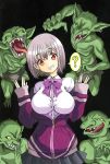  4boys ? absurdres artist_request bow bowtie breasts clueless commentary_request finger_to_mouth goblin goblin_slayer! green_skin highres hood hoodie jumping large_breasts licking_lips looking_at_viewer monster multiple_boys open_mouth pointy_ears purple_hair red_eyes school_uniform season_connection shinjou_akane short_hair shushing skirt smile spoken_question_mark ssss.gridman thought_bubble tongue tongue_out you_gonna_get_raped 