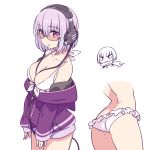  anti_(ssss.gridman) ass bangs bare_shoulders bikini breasts chan_co collarbone eyebrows_visible_through_hair frilled_bikini frills front-tie_bikini front-tie_top halter_top halterneck headphones jacket large_breasts lavender_hair long_sleeves looking_at_viewer off_shoulder purple_jacket red_eyes semi-rimless_eyewear shinjou_akane short_hair simple_background sleeves_past_wrists solo ssss.gridman swimsuit under-rim_eyewear white_background white_bikini 