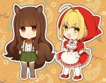  2girls animal_ears apron blonde_hair brown_eyes chibi cosplay dress fate/extra fate_(series) green_eyes hoodie karokuchitose kishinami_hakuno little_red_riding_hood lolita_fashion pantyhose saber saber_extra shirt short_hair skirt tail thighhighs waifu2x wolfgirl 