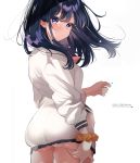  absurdres ass back bangs black_hair black_skirt blue_eyes bow cardigan commentary_request highres long_hair looking_at_viewer looking_back microskirt orange_scrunchie pomu_(pomu_me) red_bow scrunchie skirt ssss.gridman sweater takarada_rikka thighs white_cardigan white_sweater wrist_scrunchie 