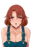  1girl apron bare_shoulders blush breasts cleavage cow_girl_(goblin_slayer!) goblin_slayer! half-closed_eyes highres large_breasts looking_at_viewer naked_apron naughty_face open_mouth red_eyes red_hair short_hair solo suspenders sweat tongue upper_body 