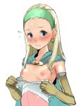  1girl areolae blonde_hair blush breasts dragon_quest dragon_quest_xi earrings elbow_gloves embarrassed female flashing gloves hairband hoop_earrings jewelry mokokusa nipples senya_(dq11) simple_background small_breasts solo white_background 