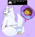  ! 2018 absurd_res anthro bedroom_eyes blue_eyes breasts butt caprine clothed clothing cum cum_on_butt cumshot dialogue ejaculation english_text fangs female fur goat half-closed_eyes hi_res hot_dogging human looking_back male male/female mammal mature_female orgasm pantyjob penis protagonist_(undertale) raised_tail rear_view seductive text thick_thighs topless toriel undertale video_games white_fur wizbooty 