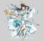  black_hair breasts dress elbow_gloves fire_emblem fire_emblem_heroes fire_emblem_if gloves hairband itou_misei jewelry long_hair looking_at_viewer mikoto_(fire_emblem_if) official_art ponytail simple_background solo source_request torn_clothes 