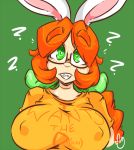  ? animal_humanoid big_breasts biped braces breasts bust_portrait clothing duckdraw dullahan english_text eyebrows female freckles green_background green_eyes hair hair_bow hair_ribbon humanoid kris_(duckdraw) lagomorph long_ears long_hair looking_at_viewer mammal nipple_bulge pale_skin portrait rabbit_humanoid red_hair ribbons shirt simple_background t-shirt teeth text white_ears 