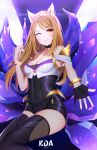  ;) absurdres ahri animal_ears bare_shoulders black_legwear blonde_hair bracelet breasts choker cleavage covered_navel crystal ear_piercing fingerless_gloves fox_ears fox_girl fox_tail gloves heart heart_choker highres idol jewelry k/da_(league_of_legends) k/da_ahri league_of_legends long_hair looking_at_viewer off_shoulder one_eye_closed outstretched_arm piercing reaching_out smile solo tail taitai thighhighs whisker_markings 