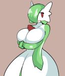  big_breasts breasts brown_background cleavage cleavage_overflow clothed clothing collarbone eyebrows_visible_through_hair female gardevoir green_hair hair hair_over_eye huge_breasts humanoid looking_away nintendo not_furry open_mouth petronoise pok&eacute;mon pok&eacute;mon_(species) red_eyes shiny_hair short_hair simple_background solo standing video_games 