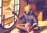  absurdres animal au_ra bird bird_on_hand black_gloves blue_eyes clutch2130 crossed_legs final_fantasy final_fantasy_xiv fingerless_gloves glasses gloves green_hair highres lalafell lap_pillow multiple_boys neru_(ffxiv) shadow sitting smile sunlight white_bird window 