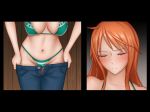  1girl bare_arms bikini bikini_top blush breasts brown_eyes cleavage close-up closed_mouth denim embarrassed eyes_closed groin highres indoors jeans large_breasts legs legs_together long_hair nami_(one_piece) navel one_piece orange_hair pants pants_down ponte sequential solo standing striped swimsuit thighs thong unbuttoned undressing 