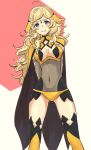  ahoge arms_behind_back black_legwear blonde_hair blue_eyes breasts cape cleavage cleavage_cutout covered_navel cowboy_shot fire_emblem fire_emblem_if hair_ornament kiri_(tsuwano_010) leotard long_hair looking_at_viewer medium_breasts multicolored multicolored_clothes multicolored_legwear ophelia_(fire_emblem_if) pink_background skin_tight smile solo standing two-tone_background wavy_hair white_background yellow_legwear 