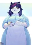  2018 4_fingers anthro apron aruurara black_eyes black_hair blue_background breasts catti_(deltarune) chromatic_aberration clothed clothing deltarune digital_media_(artwork) dress ear_piercing eyelashes feline female frown fully_clothed fur hair hi_res highlights holding_object holding_pen jewelry looking_at_viewer looking_down makeup mammal mascara multicolored_hair notebook overweight overweight_female paper pen piercing pink_nose portrait purple_hair signature simple_background solo teeth three-quarter_portrait two_tone_hair video_games waiter white_background white_fur yellow_sclera 