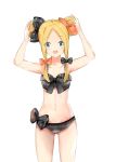  :d abigail_williams_(fate/grand_order) arms_up ass_visible_through_thighs bangs bare_arms bare_shoulders bikini black_bow blonde_hair blue_eyes blush bow breasts collarbone commentary cowboy_shot double_bun eyebrows_visible_through_hair fate/grand_order fate_(series) forehead grey_bikini hair_bow head_tilt looking_at_viewer navel open_mouth orange_bow parted_bangs plaid plaid_bikini polka_dot polka_dot_bow side_bun simple_background small_breasts smile solo standing swimsuit white_background yukaa 