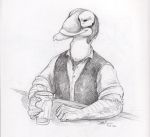  2012 4_fingers anthro arm_support avian bartender beak biped bird black_and_white bust_portrait clothed clothing cup dimitri_rogov dress_shirt duck eider feathers fist holding_cup holding_object humanoid_hands ironfeathers male monochrome on_table pencil_(artwork) portrait rolled_up_sleeves shirt signature simple_background smile solo spectacled_eider sweater_vest table traditional_media_(artwork) webbed_hands white_background 