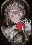  apple bob_cut bonnet commentary_request food fruit gloves gothic_lolita green_eyes grey_hair highres jewelry knife lolita_fashion original portrait ring tareme traditional_media ueno_zousui 