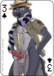  2018 abs animal_genitalia animal_penis anthro badge balls bottomless canine canine_penis card clothed clothing dog english_text erection fonyaa fur grey_fur hat jacket knot looking_at_viewer male mammal muscular muscular_male navel orange_eyes pecs penis playing_card scarf simple_background smile solo standing text 