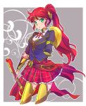  1girl armor iesupa long_hair pyrrha_nikos red_hair rwby school_uniform shield skirt weapon 