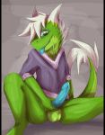  2018 5_fingers anthro balls blue_penis blue_tongue bottomless clothed clothing cum cum_drip digital_media_(artwork) dragon dripping erection fangs fur furred_dragon green_eyes green_fur hair hi_res holding_penis hoodie humanoid_penis looking_at_viewer luxuria male penis precum presenting presenting_penis side_view simple_background smile solo spread_legs spreading tongue tongue_out white_fur white_hair yellow_fur 