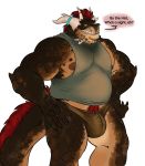  6pklion anthro argonian bulge claws clothed clothing dialogue dragon english_text hi_res horn hybrid male musclegut muscular muscular_male nipples overweight overweight_male scalie shirt solo sweat tank_top text the_elder_scrolls underwear video_games 
