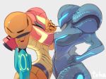  arm_cannon breast_press commentary dark_samus food glowing hand_on_hip helmet jetpack looking_at_another metroid metroid_prime multiple_girls pocky pocky_day pocky_kiss power_armor samus_aran shared_food shiny simple_background slender_waist super_smash_bros. super_smash_bros._ultimate symmetrical_docking teke upper_body varia_suit weapon yuri 