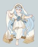  age_regression ai-wa aqua_(fire_emblem_if) blue_background blue_hair child dress fire_emblem fire_emblem_heroes fire_emblem_if full_body long_hair looking_at_viewer orange_eyes simple_background smile solo white_dress younger 