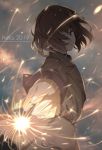 1girl 2019 bangs belt blurry brown_eyes brown_hair brown_jacket cloud cloudy_sky commentary depth_of_field fireworks floating_hair foreshortening hair_over_one_eye holding jacket kiyo_(chaoschyan) long_sleeves looking_at_viewer new_year original outstretched_arm parted_lips short_hair sidelocks sky smile solo sparkler standing teeth upper_body wing_collar 