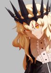  black_rock_shooter blonde_hair buttons chariot_(black_rock_shooter) commentary crown dress grey_background highres ilwrs long_hair looking_at_viewer shadow simple_background solo yellow_eyes yellow_stripe 