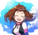  :d blush_stickers bodysuit boku_no_hero_academia breasts brown_hair closed_eyes commentary_request jinno_(megacake) large_breasts open_mouth short_eyebrows short_hair smile solo upper_body uraraka_ochako 