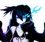  absurdres bikini_top black_coat black_gloves black_hair black_rock_shooter black_rock_shooter_(character) blue_eyes blue_fire burning_eye coat fire gloves hair_between_eyes highres huge_filesize looking_at_viewer pale_skin shoulders star twintails uneven_twintails watalgear white_background 