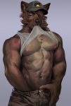  anthro canine clothed clothing hat hi_res looking_at_viewer male mammal muscular muscular_male nipples pecs shirt_up solo tacklebox topless undressing 