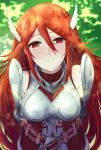  armor blush fire_emblem fire_emblem:_kakusei flower gloves hair_ornament highres ippers long_hair looking_at_viewer pegasus_knight red_eyes red_hair smile solo tiamo very_long_hair 