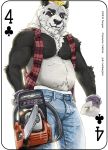  aki_(thedecisivepanda) anthro balls bear blonde_hair card chainsaw clothing english_text flannel fonyaa gloves hair jeans male mammal panda pants piercing playing_card solo text tools 