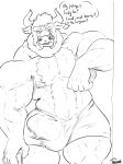  anthro beard body_hair bovine bulge chest_hair clothed clothing english_text eyewear facial_hair glasses greyscale looking_at_viewer male mammal mature_male monochrome muscular muscular_male pecs solo standing text topless uniparasite 