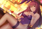  animal_ears bar bare_shoulders bow breasts bunny_ears bunny_girl bunnysuit cleavage commentary_request counter cup cupping_glass detached_collar drink drinking_glass fake_animal_ears fate/grand_order fate_(series) feng_mouren finger_to_mouth fishnet_pantyhose fishnets flower glass indoors large_breasts light_smile long_hair pantyhose purple_hair red_eyes rose scathach_(fate)_(all) scathach_(fate/grand_order) strapless thigh_strap wrist_cuffs 