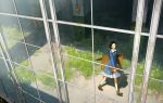  black_hair broken_window carrying day dress from_above glasses highres looking_at_viewer original ruins short_hair solo walking window yoshida_seiji 