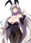  ahoge animal_ears bare_shoulders breasts bunny_ears bunny_girl bunnysuit censored champagne_flute cleavage commentary_request covered_navel cup detached_sleeves drinking_glass fate/grand_order fate_(series) fishnets fujitsubo_(hujitubo0731) highres jeanne_d'arc_(alter)_(fate) jeanne_d'arc_(fate)_(all) large_breasts long_hair looking_at_viewer middle_finger mosaic_censoring silver_hair simple_background solo very_long_hair white_background yellow_eyes 
