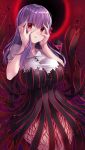  bangs beeyan breasts dark_persona dark_sakura dress fate/stay_night fate_(series) hands_on_own_face heaven's_feel highres large_breasts long_hair matou_sakura peeking_through_fingers purple_hair red_eyes 