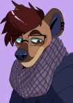  bust_(disambiguation) canine charmsey clothing eyewear glasses hoodie hyena male mammal piercing scarf smile solo tokivoli 