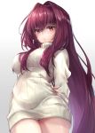  :o arm_behind_back bangs blush breasts closed_mouth commentary_request eyebrows_visible_through_hair fate/grand_order fate_(series) fingernails gradient gradient_background grey_background hair_between_eyes hair_intakes hane_yuki highres large_breasts long_hair looking_at_viewer purple_hair red_eyes ribbed_sweater scathach_(fate)_(all) scathach_(fate/grand_order) sidelocks solo sweater turtleneck turtleneck_sweater very_long_hair white_background white_sweater 