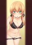 1girl :o anchor_hair_ornament bare_arms bare_shoulders black_bra black_panties blonde_hair blush bra breasts cleavage collarbone cowboy_shot eyebrows_visible_through_hair fitting_room green_eyes groin hair_between_eyes hair_ornament highres kantai_collection large_breasts leaning_forward lingerie long_hair low_twintails nagami_yuu navel no_headwear open_mouth panties panty_pull prinz_eugen_(kantai_collection) pulled_by_self solo standing stomach tareme twintails underwear underwear_only undressing 