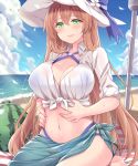  beach bikini blue_bikini blush breasts brown_hair cleavage cloud commentary_request girls_frontline green_eyes hasu_(hk_works) hat large_breasts long_hair m1903_springfield_(girls_frontline) midriff navel sky smile solo sun_hat sunlight swimsuit umbrella very_long_hair 