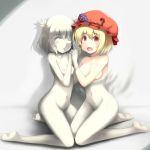  2girls aki_minoriko aki_shizuha blonde_hair blush breasts hand_holding hat looking_at_viewer multiple_girls ninifinin nipples nude open_mouth petrification pussy red_eyes small_breasts tears touhou 