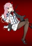  bangs black_legwear bow braid commentary_request eques_mikumiku eyebrows_visible_through_hair girls_frontline gloves gun hair_between_eyes hair_ornament hairclip hexagram imi_negev long_hair long_sleeves negev_(girls_frontline) pink_hair pouch red_background red_bow red_eyes red_ribbon ribbon skirt smile solo star_of_david weapon white_gloves white_skirt 