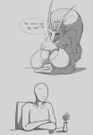  &lt;3 anthro big_breasts blaziken breasts clothed clothing comic donkles duo english_text female freckles greyscale hair huge_breasts human male mammal monochrome nintendo pok&eacute;mon pok&eacute;mon_(species) sitting smile surprise text thought_bubble video_games 